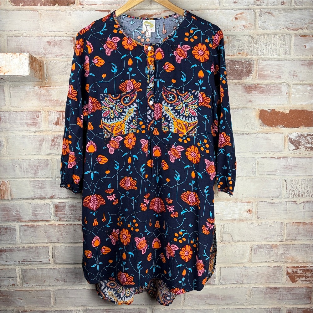 Fig & Flower by Anthropologie Navy Floral Paisley Mixed Print Tunic Top Size L